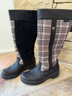Ariat Black Suede, Leather, and Baker Plaid Tall Waterproof Riding Boots - NIB